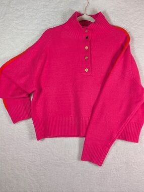 THML Anthropologie Women’s Hot Pink Button-Front Mock Neck‎ Sweater